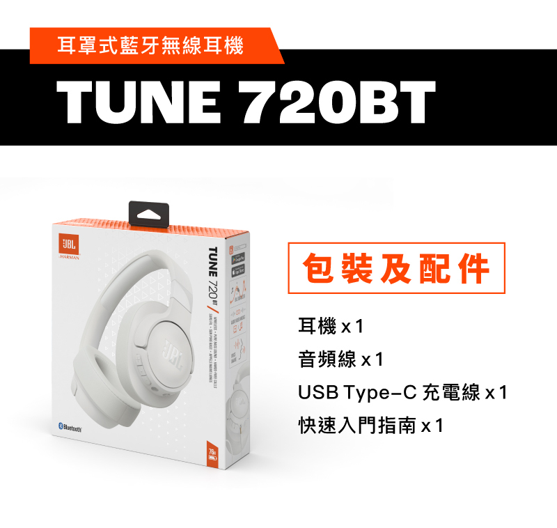 JBL TUNE 720BT耳罩式藍牙無線耳機產品內容物