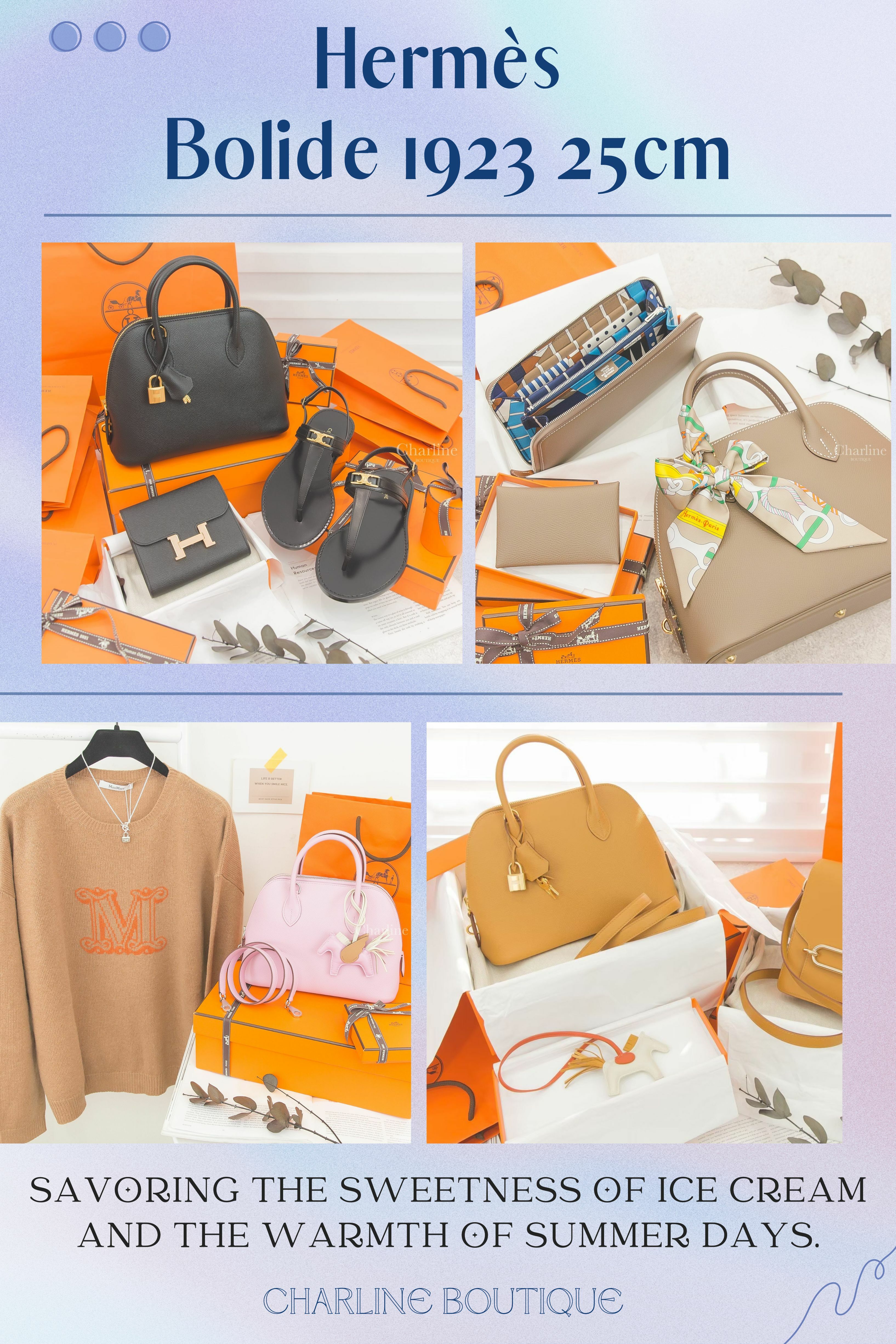 Hermès Bolide首次亮相於1923年，是世界上首個將拉鍊運用於皮件的包款。Émile Hermès從北美帶回滑動式關合裝置，為車上物品滑落問題創新解決方案。2016年，品牌推出Bolide 1923系列，不同大小供選擇，拉鏈開口方便取物，可拆卸背帶增加靈活性。尺寸有Bolide 1923 Mini、25cm、27cm、31cm、35cm及45cm，各適不同場合。外觀微小差異，展現Hermès Bolide的優雅品質。