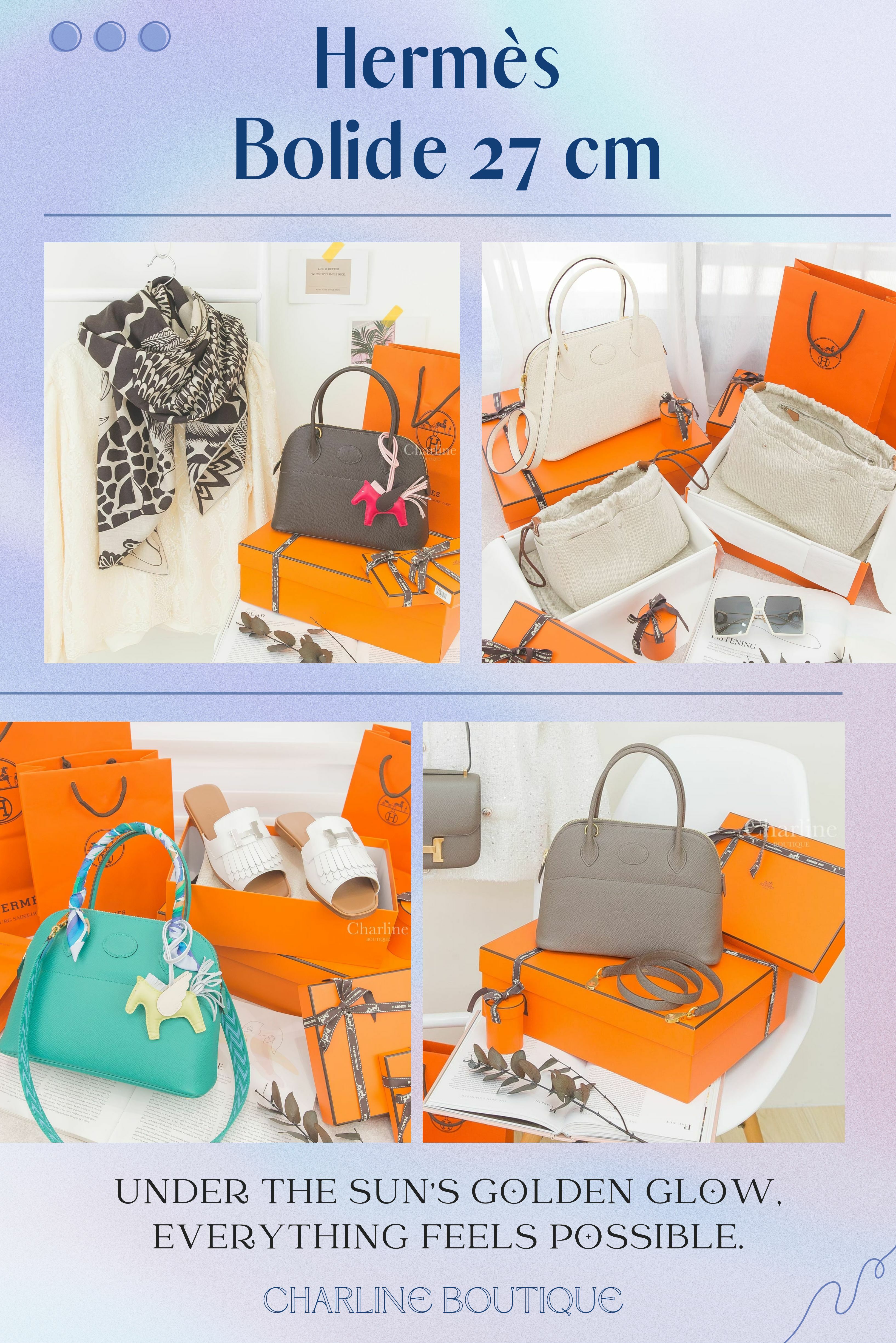 Hermès Bolide首次亮相於1923年，是世界上首個將拉鍊運用於皮件的包款。Émile Hermès從北美帶回滑動式關合裝置，為車上物品滑落問題創新解決方案。2016年，品牌推出Bolide 1923系列，不同大小供選擇，拉鏈開口方便取物，可拆卸背帶增加靈活性。尺寸有Bolide 1923 Mini、25cm、27cm、31cm、35cm及45cm，各適不同場合。外觀微小差異，展現Hermès Bolide的優雅品質。