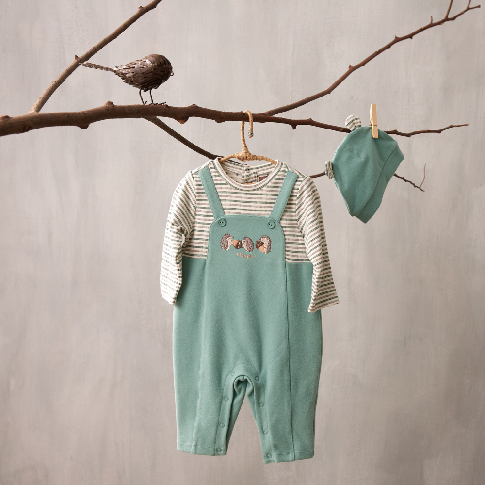 PIPPY小刺蝟棉剪接條紋假兩件包屁衣 綠