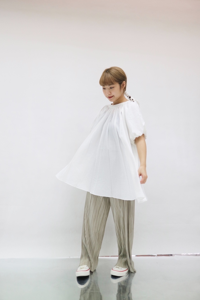 [ 兩色入 ] KR 2ways配腰帶泡泡大傘長款Top ( White )