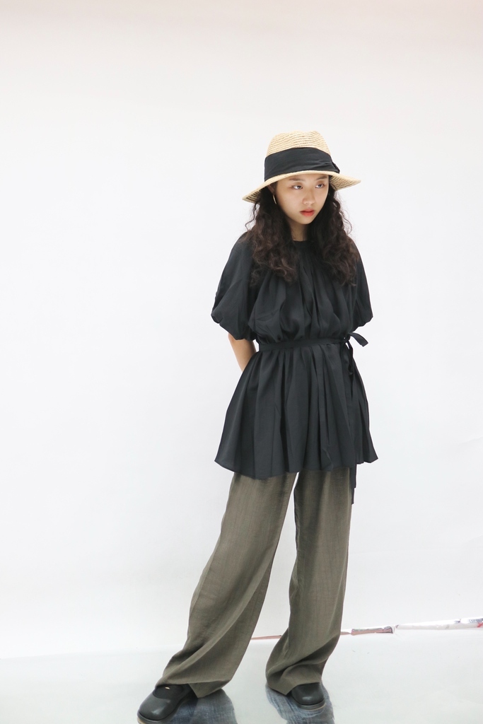 [ 兩色入 ] KR 2ways配腰帶泡泡大傘長款Top ( Black )