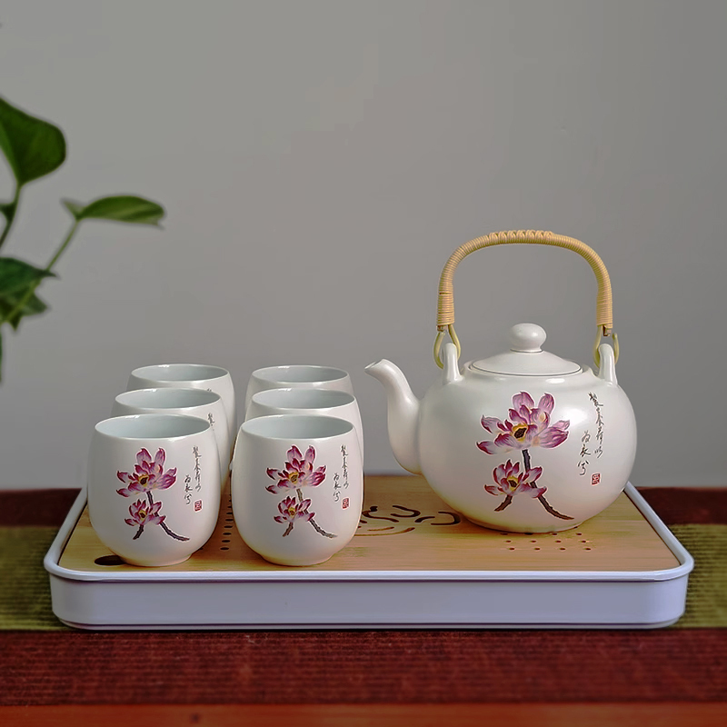 提樑壺茶具組品悦荷香｜1壺1海6杯高雅茶器推薦 荷花茶具品茗首選