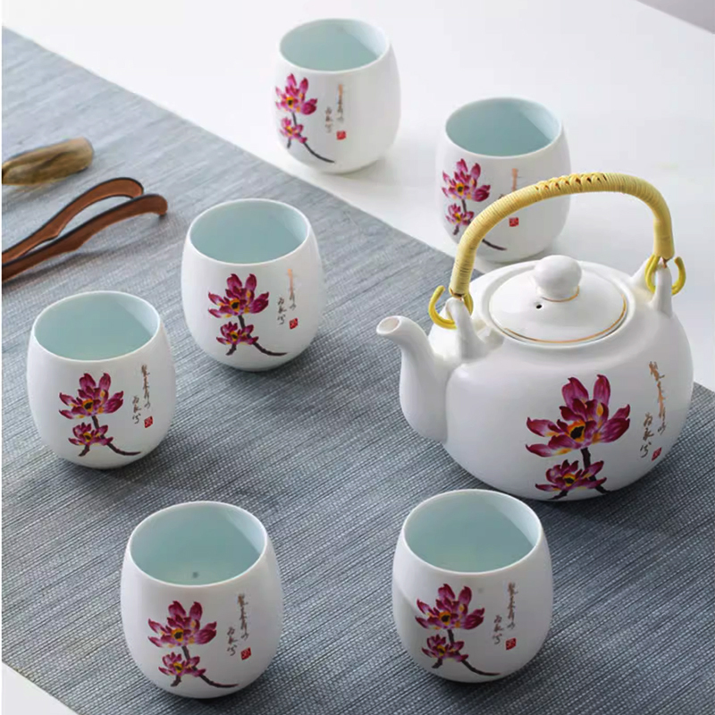 提樑壺茶具組品悦荷香｜1壺1海6杯高雅茶器推薦 荷花茶具品茗首選