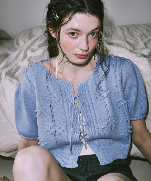 RONRON EMBO RIBBON SHORT KNIT CARDIGAN