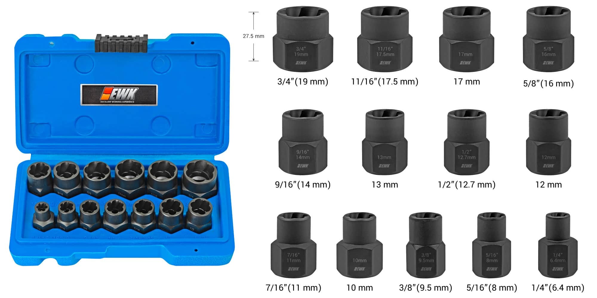 13 Pcs Lug Nut & Bolt Extractor Socket Set | EWK