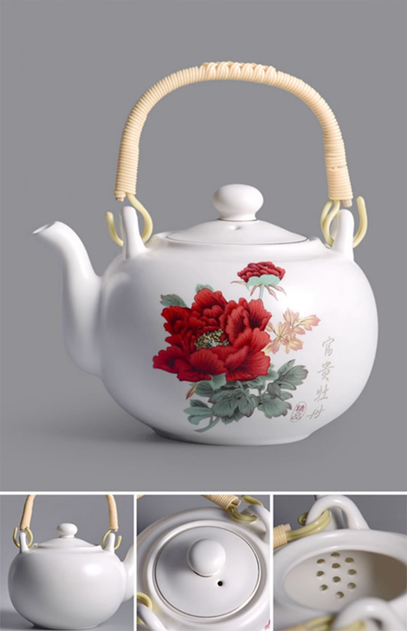 鹿港窯禮品館｜提樑壺茶具組富貴牡丹1壺6杯典雅茶器送禮推薦