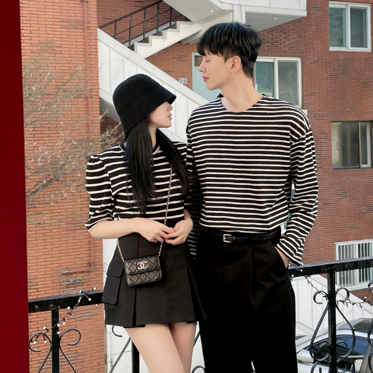 春季條紋泡泡袖情侶裝 (條紋長袖上衣/泡泡袖上衣)