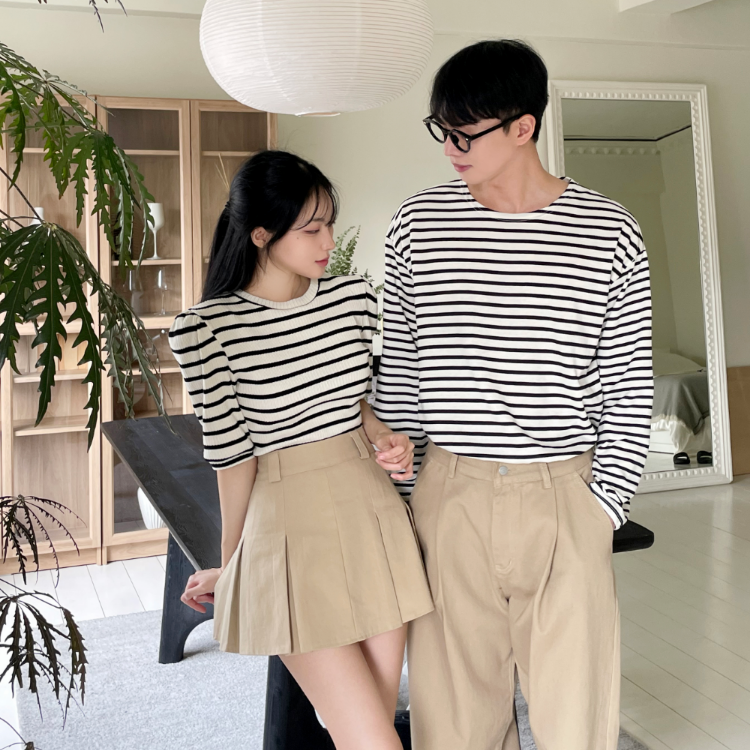 春季條紋泡泡袖情侶裝 (條紋長袖上衣/泡泡袖上衣)