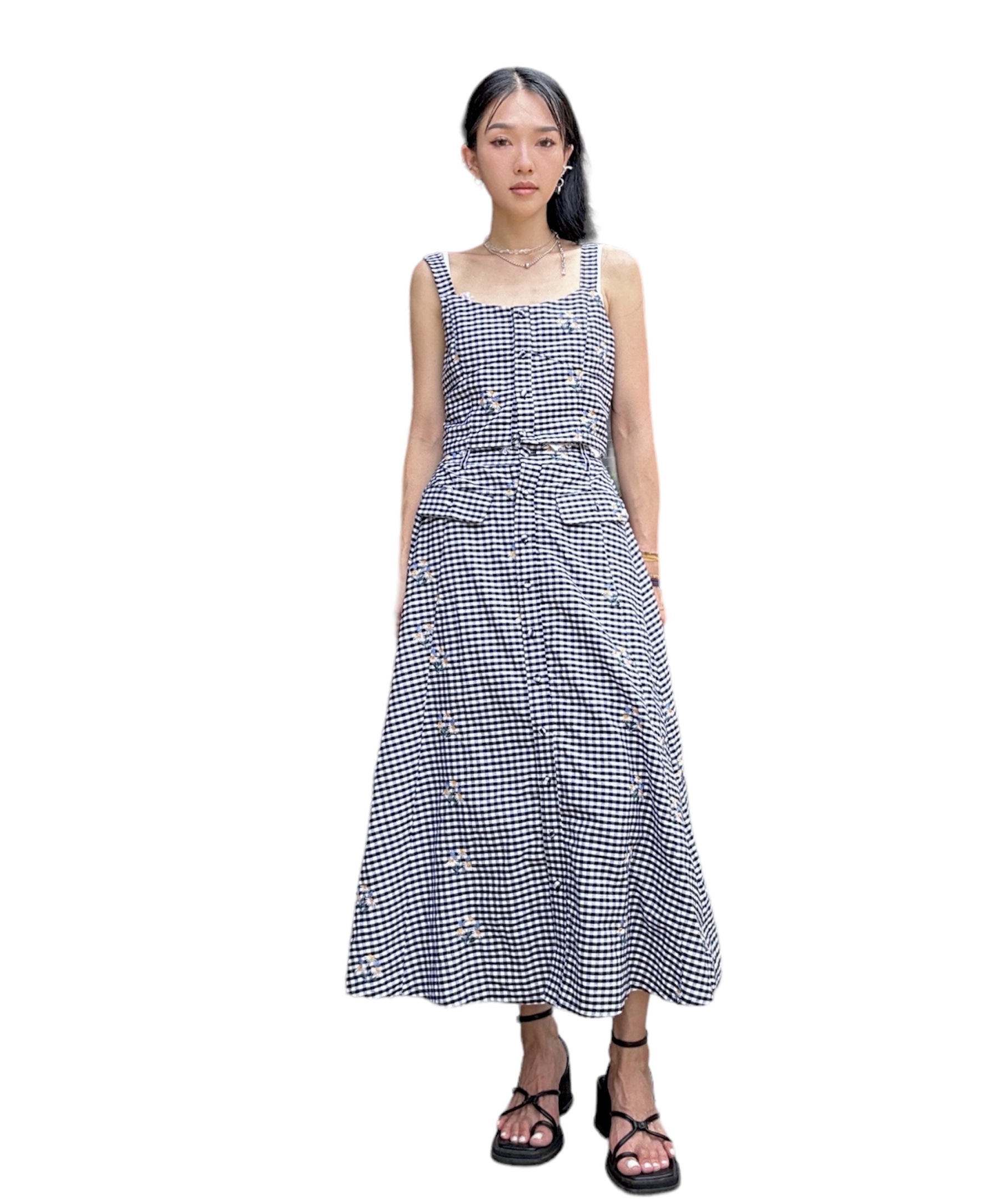 格仔繡花背心+A形半截裙套裝（現貨款式）