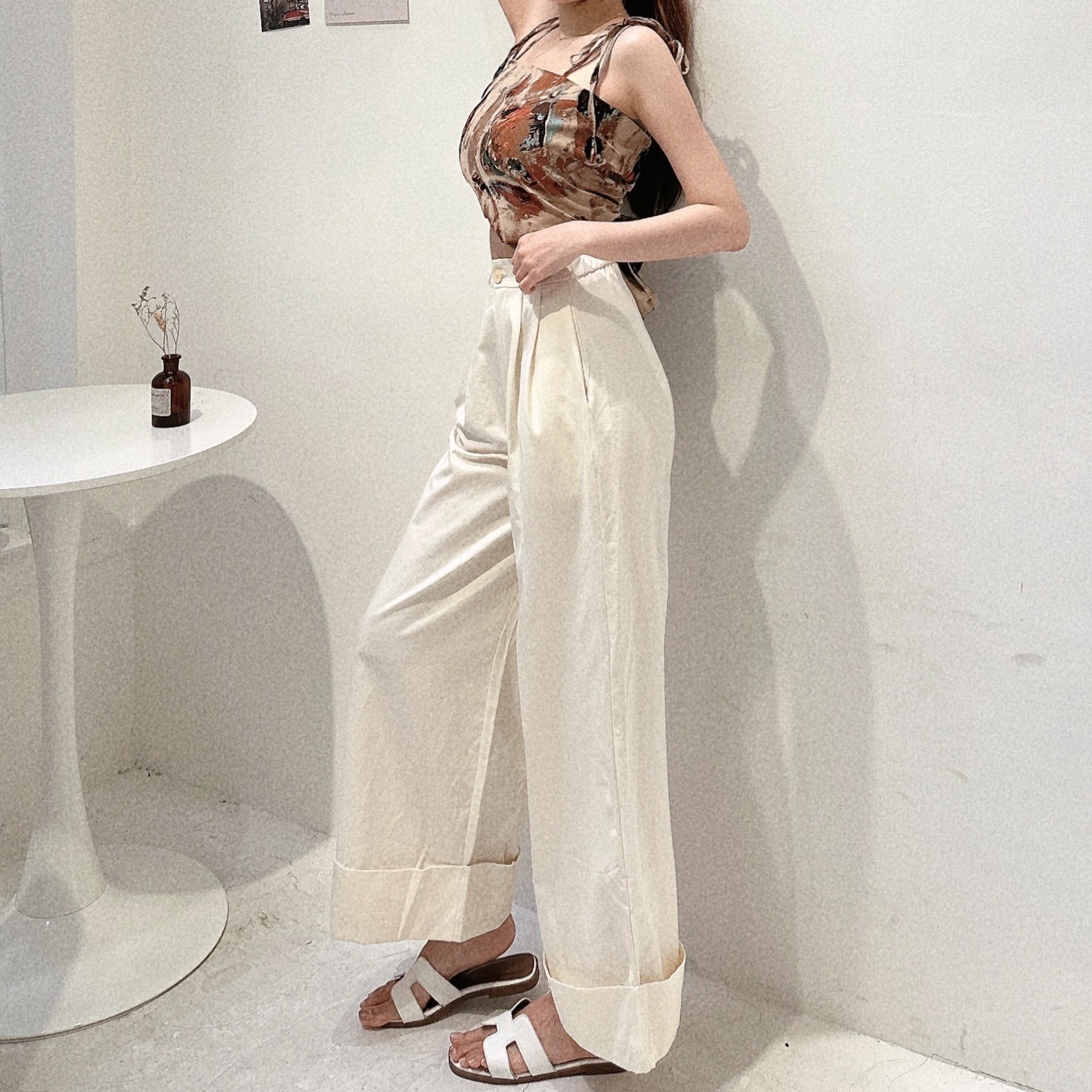 奶油反摺九分寬褲/單一色