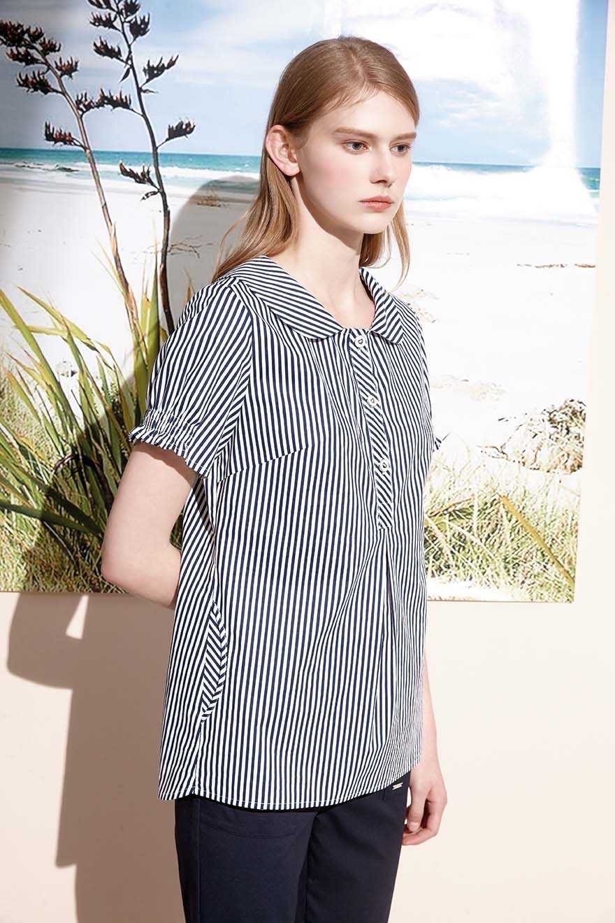 OL甜美學院風藍白條修身棉質上衣S6092