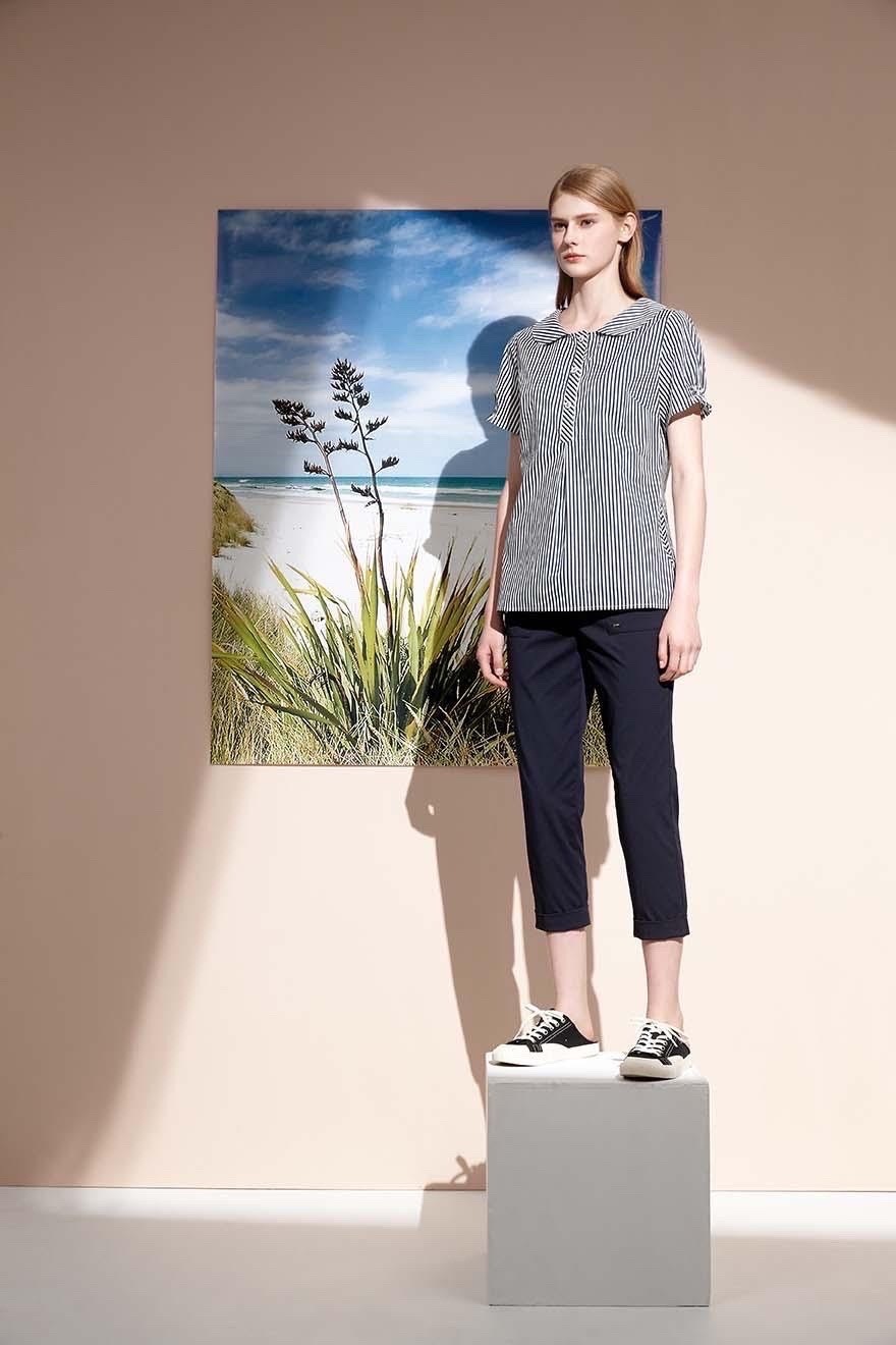 OL甜美學院風藍白條修身棉質上衣S6092