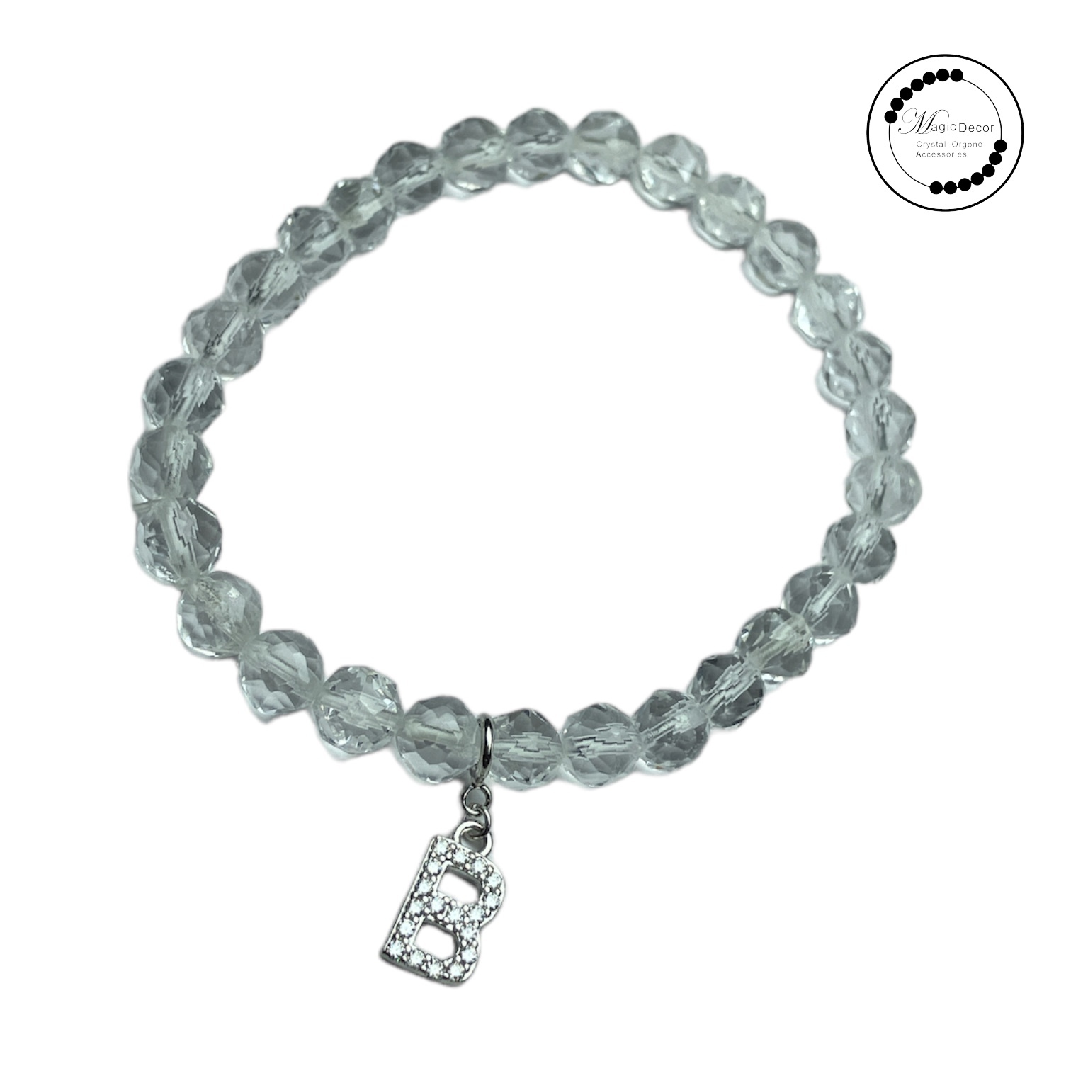 B118  純銀莫桑字母懶人扣+白水晶手鏈（B字）