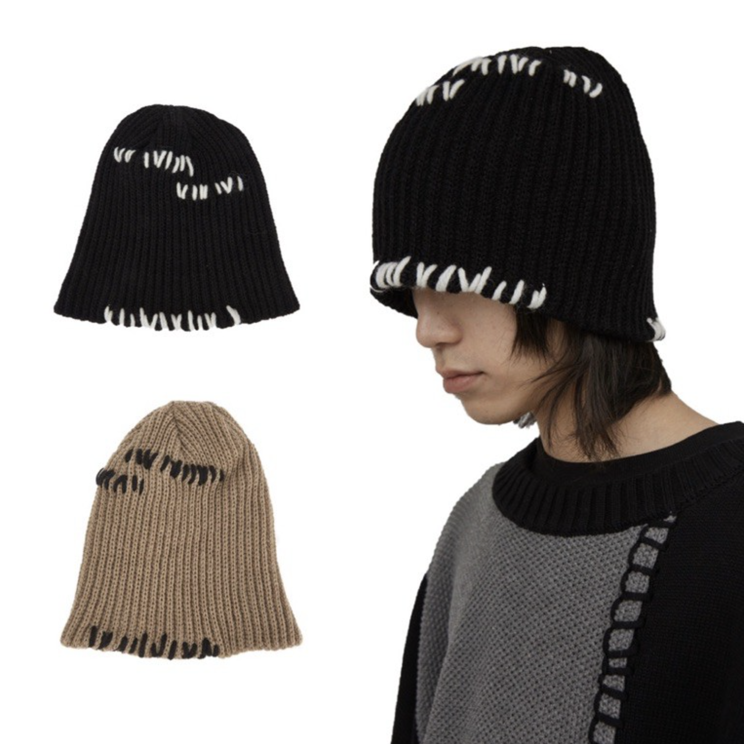 韓國 Raucohouse 針織 解構 脫線 縫線 毛帽 設計款