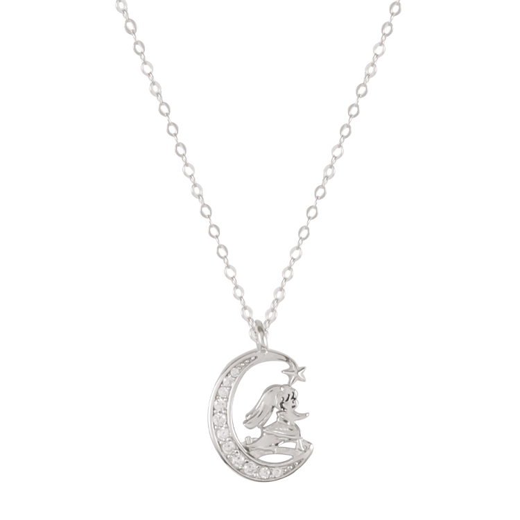 純銀對鍊，情侶項鍊 彎月與女孩造型；相約鵲橋情意綿綿（3509女款）