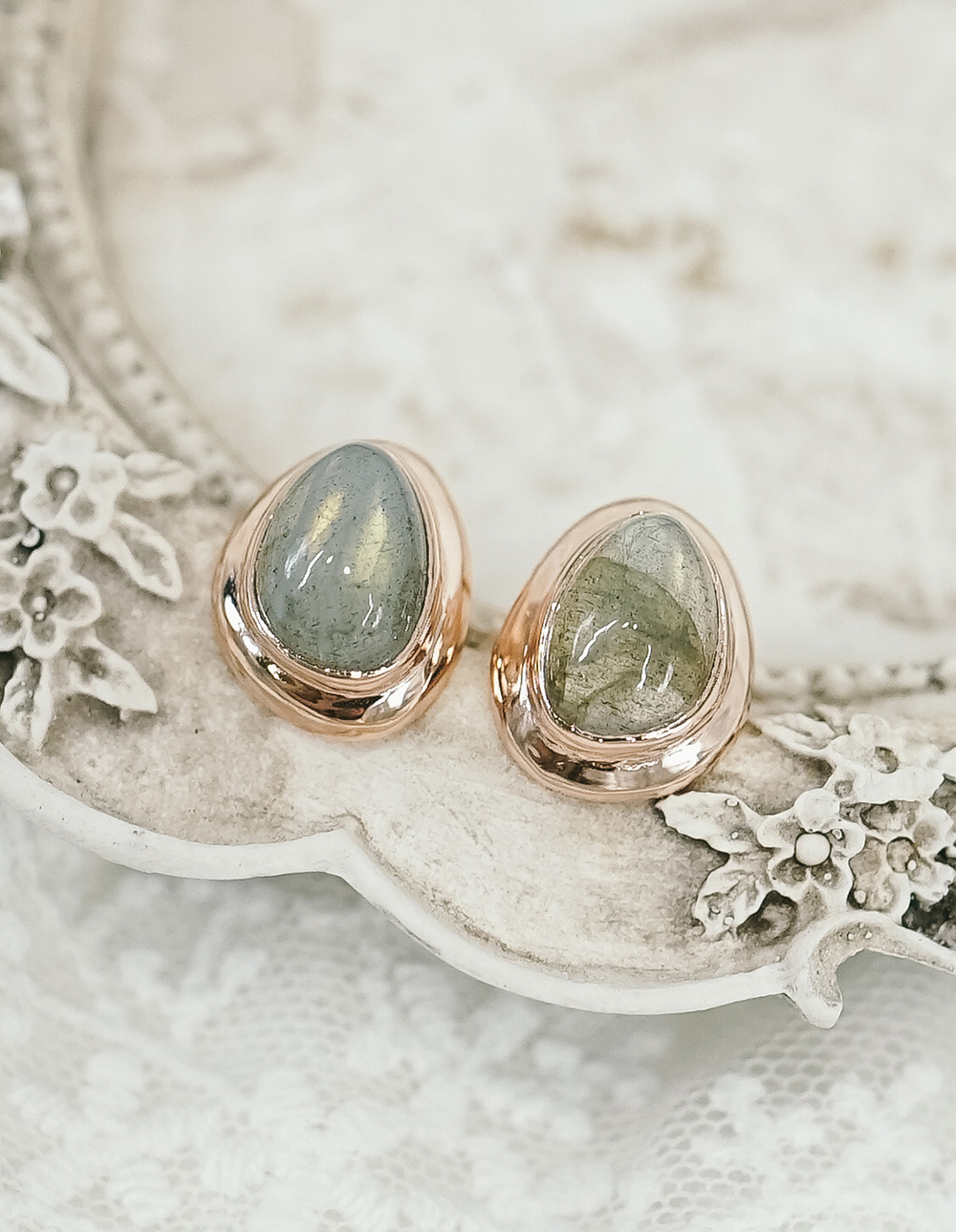 -925 純銀不規則復古邊框天然石耳環-