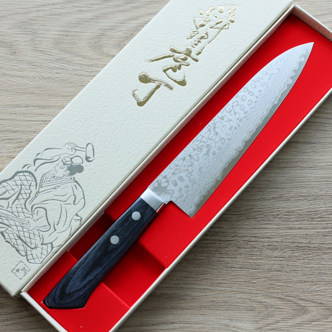 增谷訓生 牛刀 180mm VG10鋼 鎚目大馬士革 彩流 藍柄