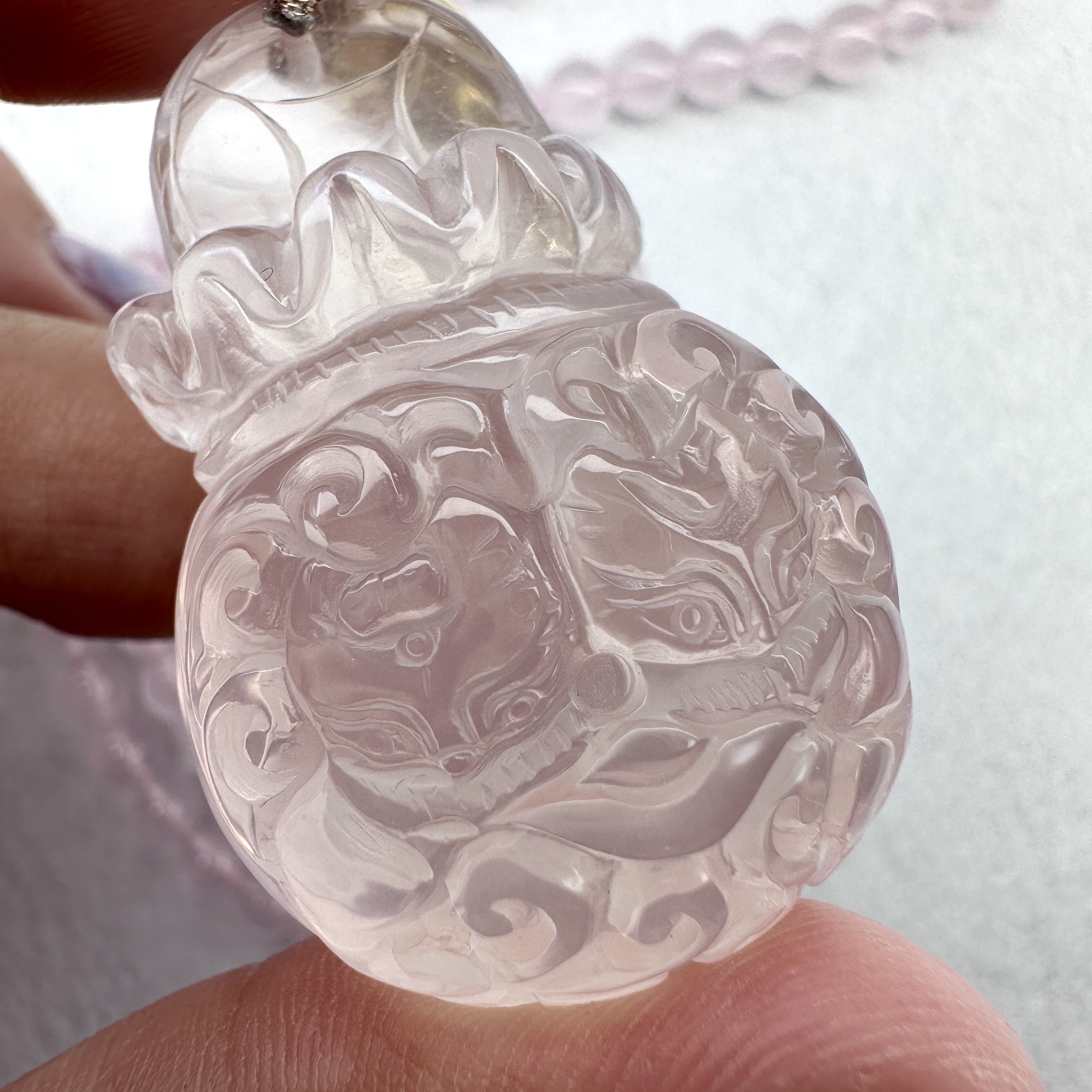 粉晶雙狐錢袋套鏈