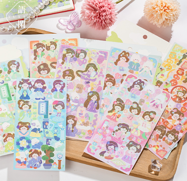 语闲 阿果花朝纪卡通古风少女镭射咕卡贴纸（2张）