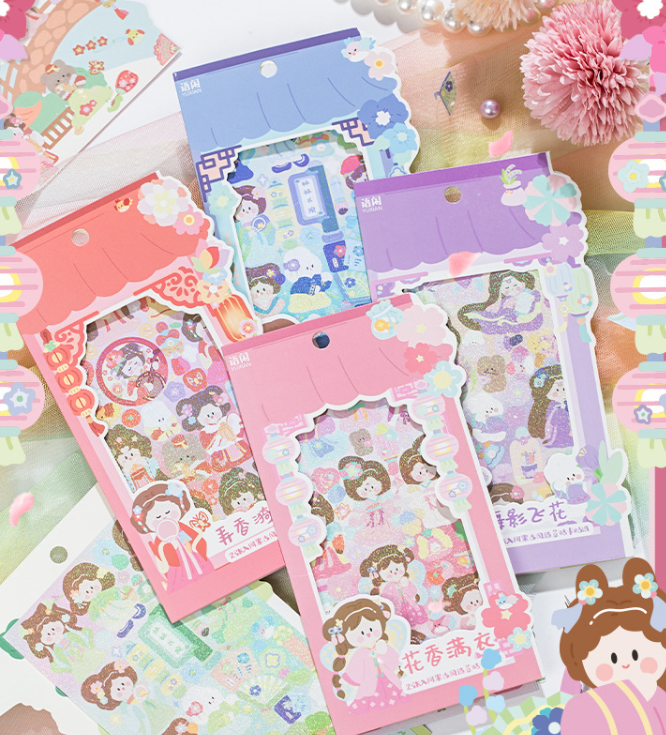 语闲 阿果花朝纪卡通古风少女镭射咕卡贴纸（2张）
