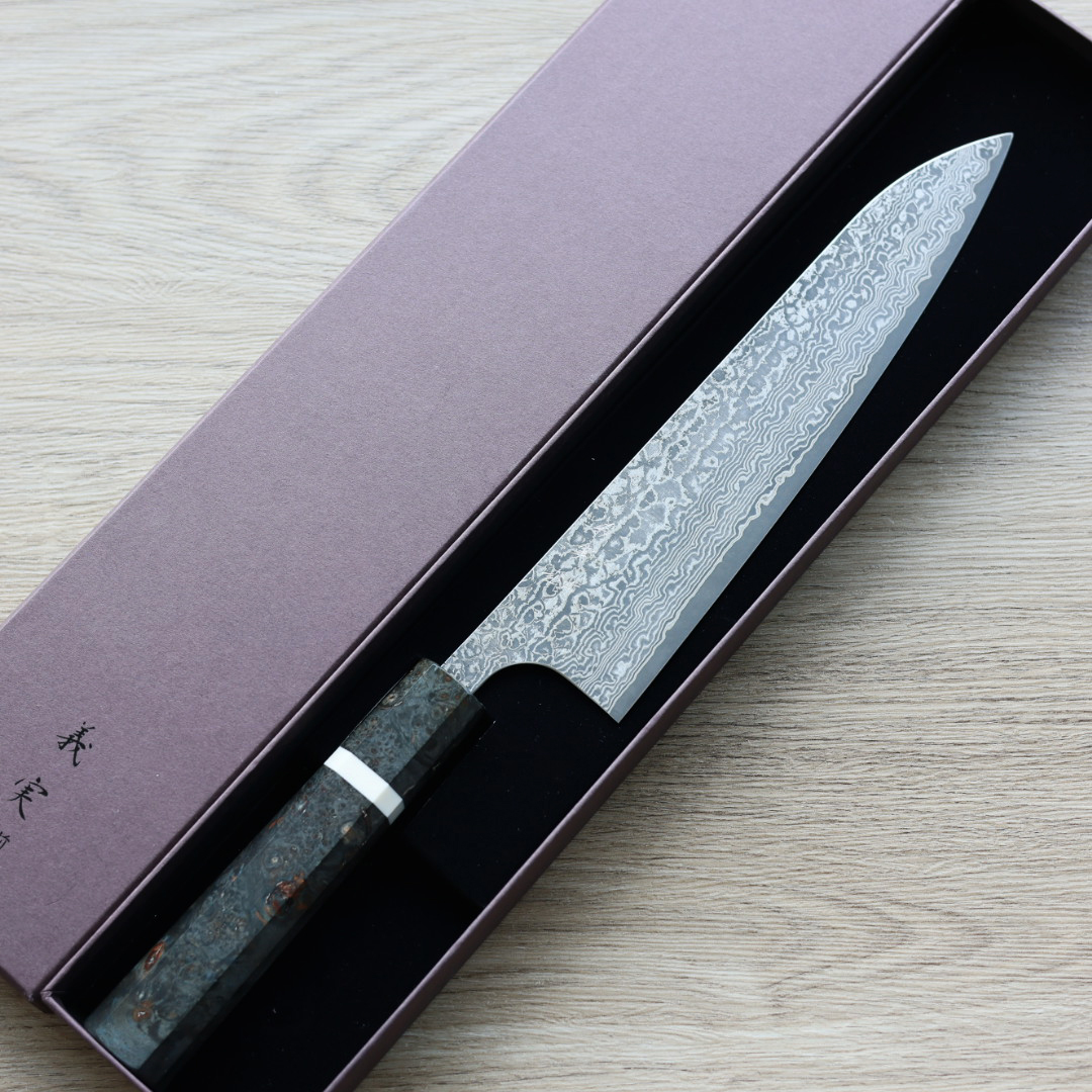 加藤義実 牛刀 210mm VG10 黑染鎳大馬士革 穩定樺木柄