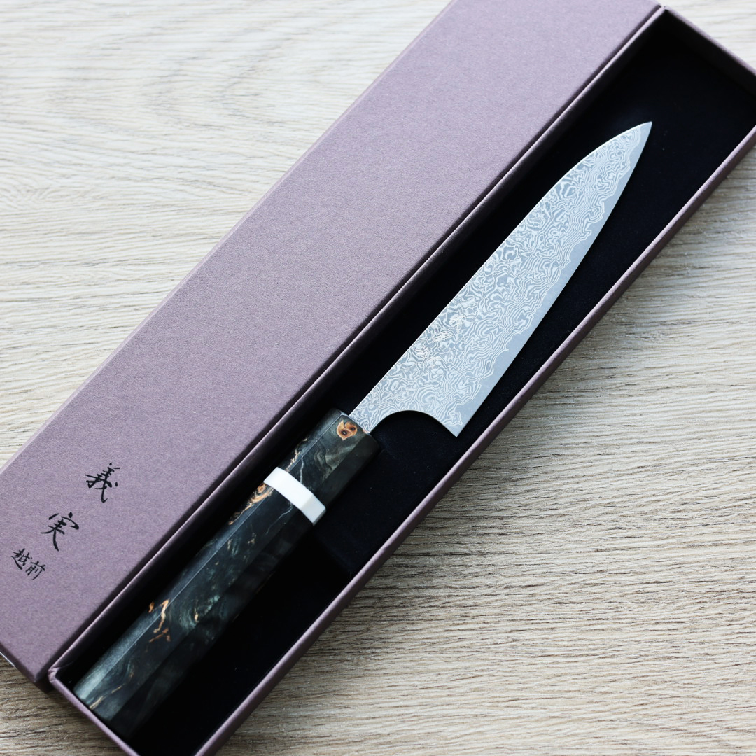 加藤義実 蔬果刀 120mm VG10 黑染鎳大馬士革 穩定樺木柄