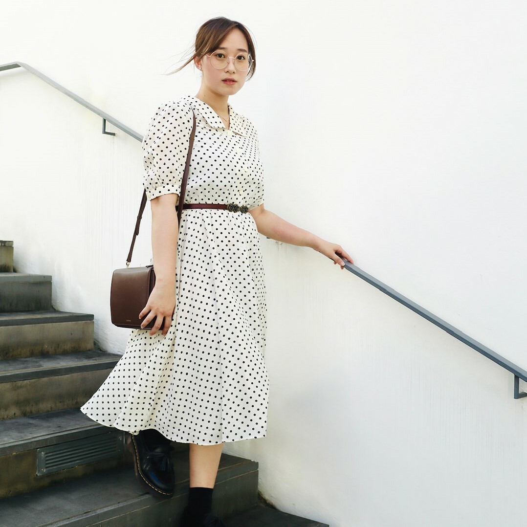 日本製白色細波點古著連身裙