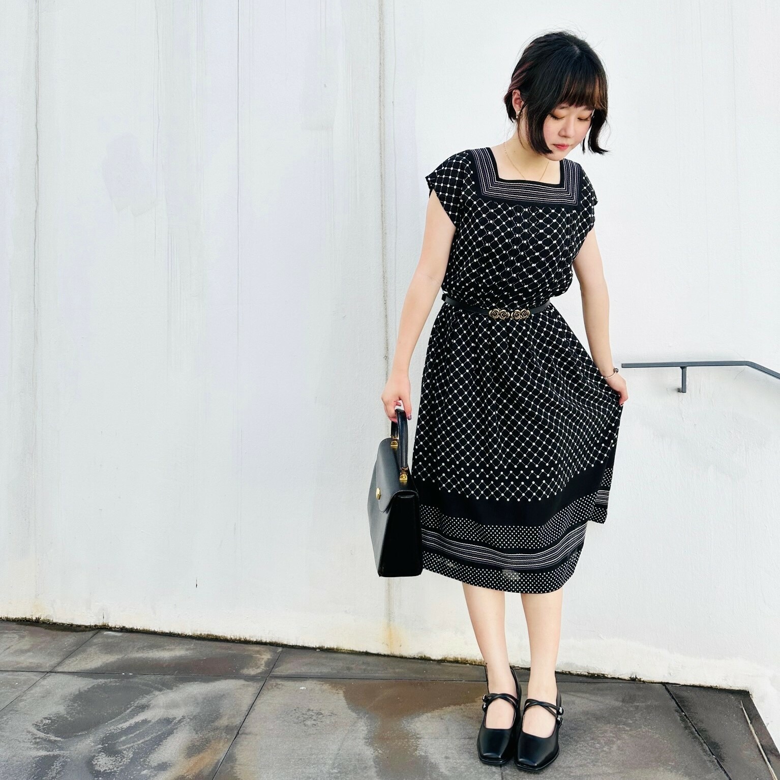 黑色細波點日本古著連身裙