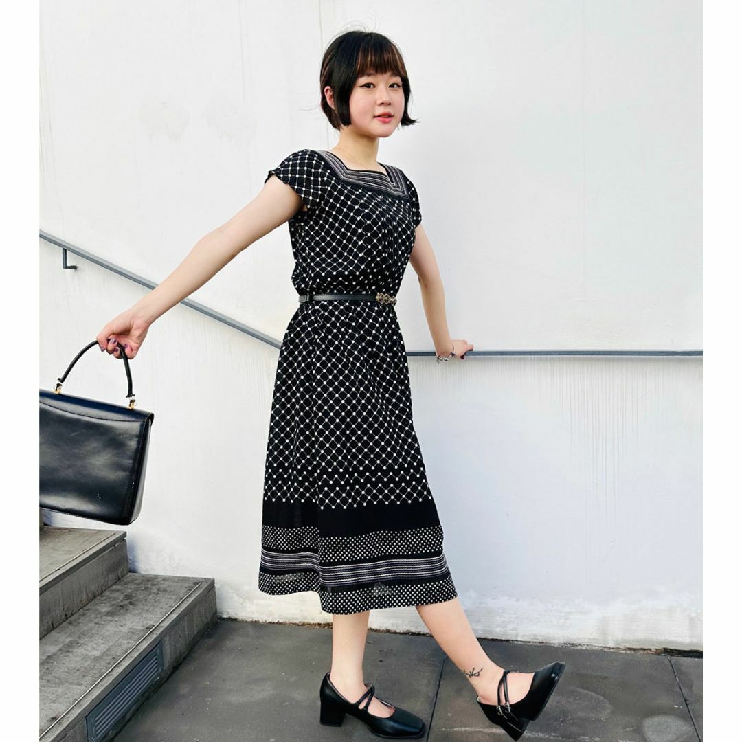 黑色細波點日本古著連身裙