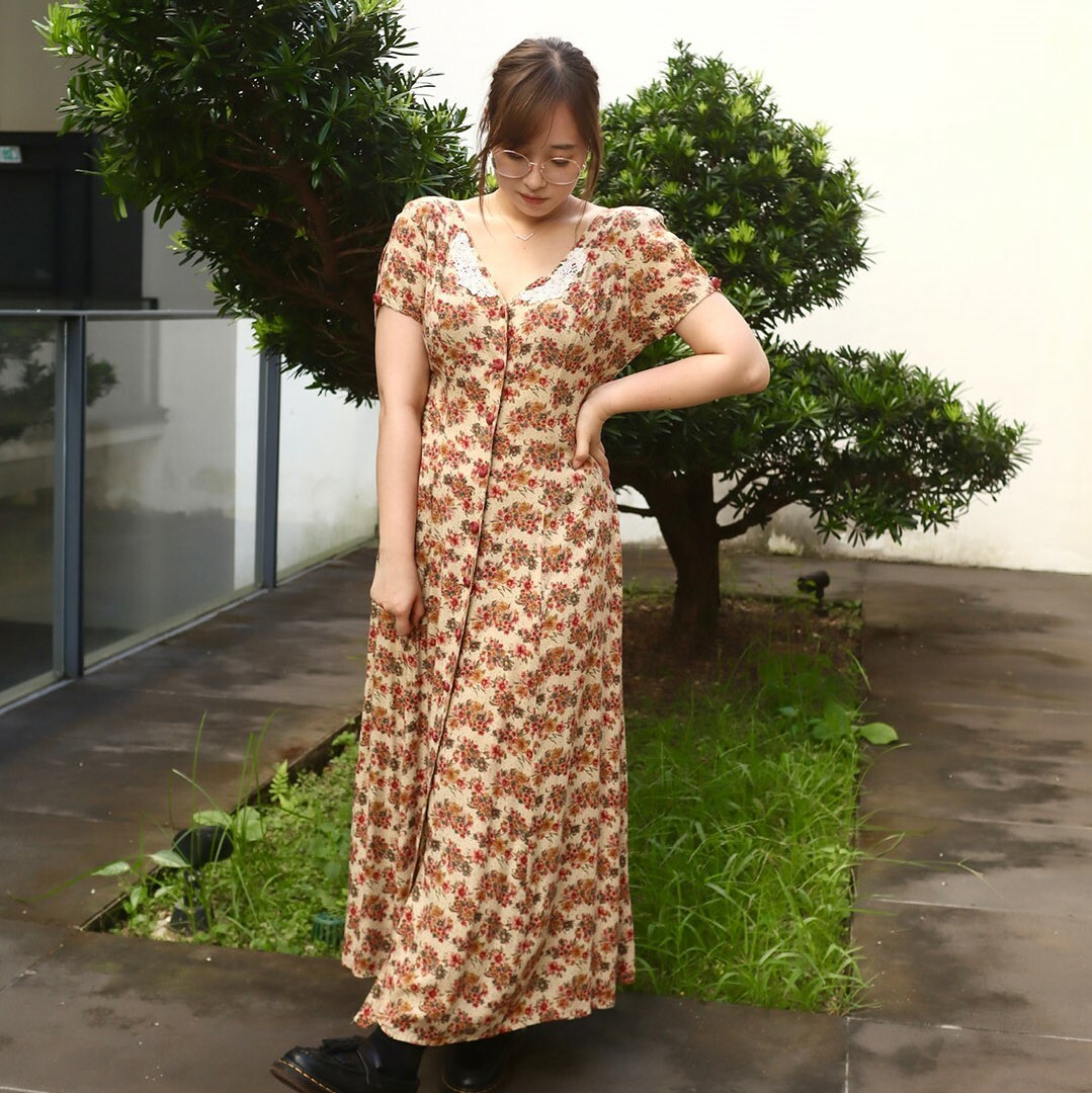 Joni Blair復古色花花圖案古著連身裙