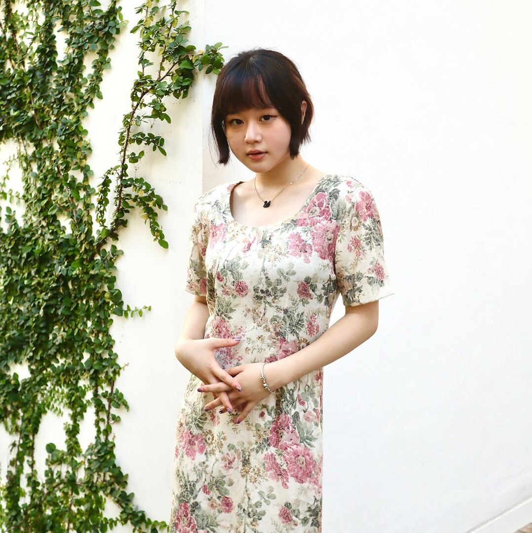 ByChoice米色大花古著連身裙