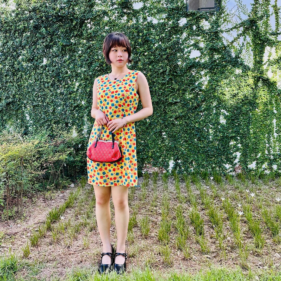 七彩方塊背心古著連身裙