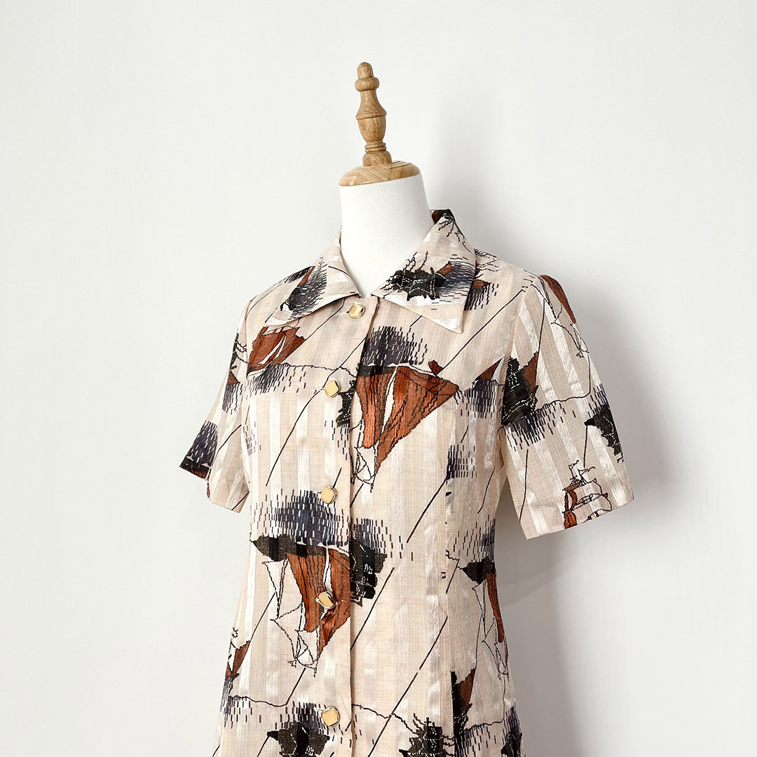 裸色條紋及帆船圖案古著連身裙