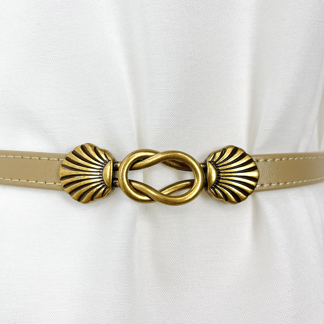 杏色復古感貝殼金屬扣腰帶