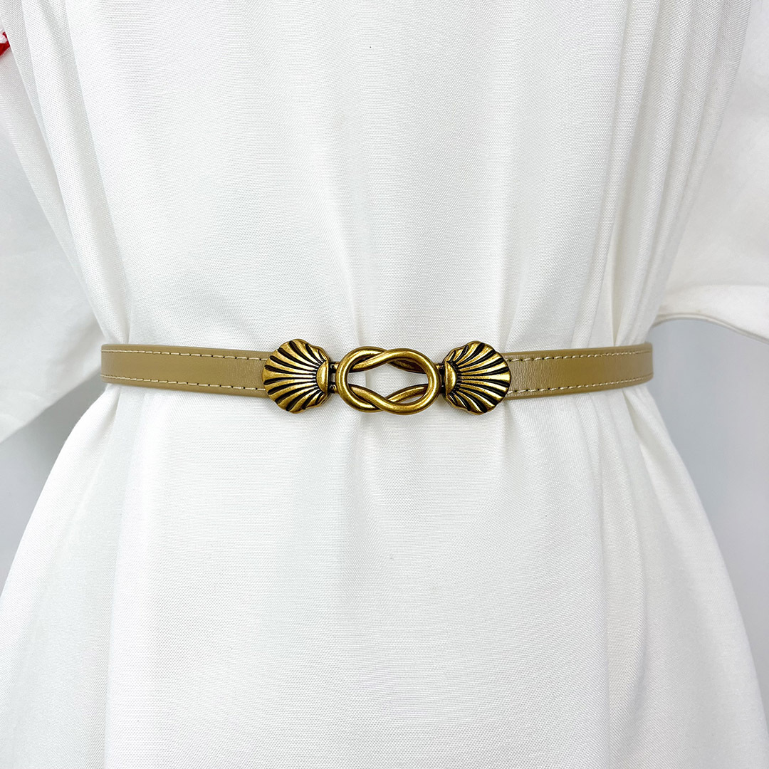 杏色復古感貝殼金屬扣腰帶