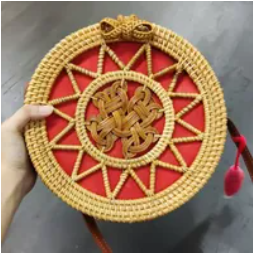 [S] SHELTERCAST SC22-2-23-113-008 RATTAN BAG WITH BROWN FAUX LEATHER STRAP RED TASSEL LARGE,NATURAL,(FINAL SALE) 810128850353 (SZZ223)