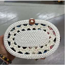 [S] SHELTERCAST SC22-2-26-222-006 RATTAN BAGS FOR WOMEN BROWN FAUX LEATHER STRAP LARGE,WHITE ,(FINAL SALE) 810128850247 (SZZ227)