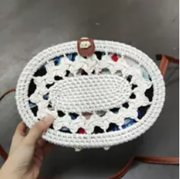 [S] SHELTERCAST SC22-2-23-222-006 RATTAN BAGS FOR WOMEN BROWN FAUX LEATHER STRAP,WHITE ,(FINAL SALE) 810128850209 (SZZ231)