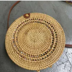 [S] SHELTERCAST SC22-2-23-113-007 RATTAN BAG WOMEN ROUND BROWN FAUX LEATHER STRAP LARGE,NATURAL,(FINAL SALE) 810128850292 (SZZ236)