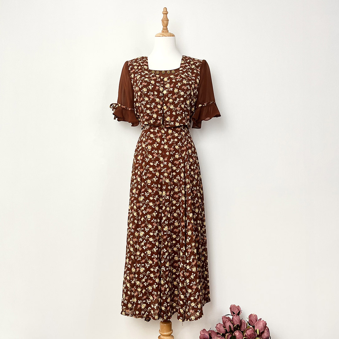 啡色碎花假兩件連身裙