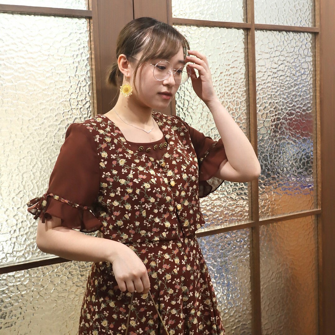 啡色碎花假兩件連身裙