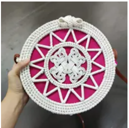 [S] SHELTERCAST SC22-2-23-222-008 RATTAN BAG WITH BROWN FAUX LEATHER STRAP DARK PINK TASSEL LARGE,WHITE (FINAL SALE), 810128850360 (SZZ244)