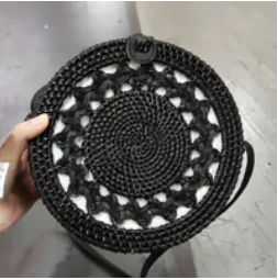[S] SHELTERCAST SC22-2-20-000-002 RATTAN BAG WITH BLACK FAUX LEATHER STRAP,BLACK (FINAL SALE), 810128850063 (SZZ245)