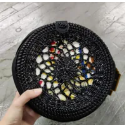 [S] SHELTERCAST C22-2-20-000-005 RATTAN BAG ROUND PURSE WITH BLACK FAUX LEATHER STRAP.BLACK (FINAL SALE), 810128850155 (SZZ246)