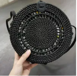 [S] SHELTERCAST SC22-2-20-000-007 RATTAN BAG WOMEN ROUND BLACK FAUX LEATHER STRAP,BLACK (FINAL SALE), 810128850278 (SZZ247)