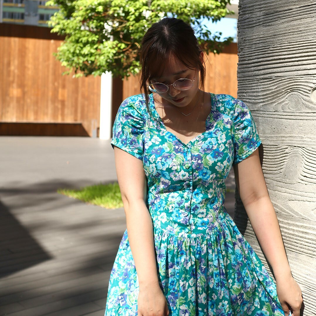 Laura Ashley 80s 水藍色大花古著連身裙