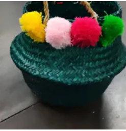 [S] SHELTERCAST  SC22-5-35-121-023 GREEN DYED SEAGRASS BELLY BASKET WITH 8 POMPOMS COLORS,GREEN (FINAL SALE), 810128850841 (SZZ252)
