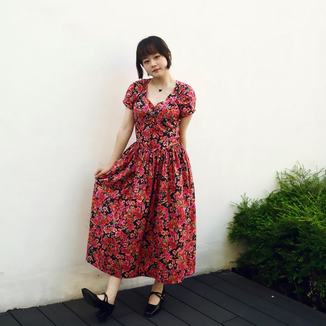 Laura Ashley 80s 桃紅色大花古著連身裙