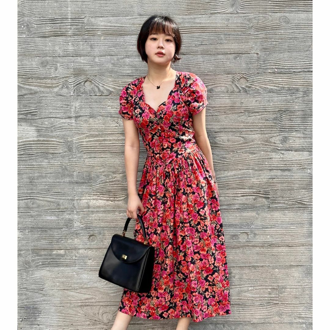 Laura Ashley 80s 桃紅色大花古著連身裙